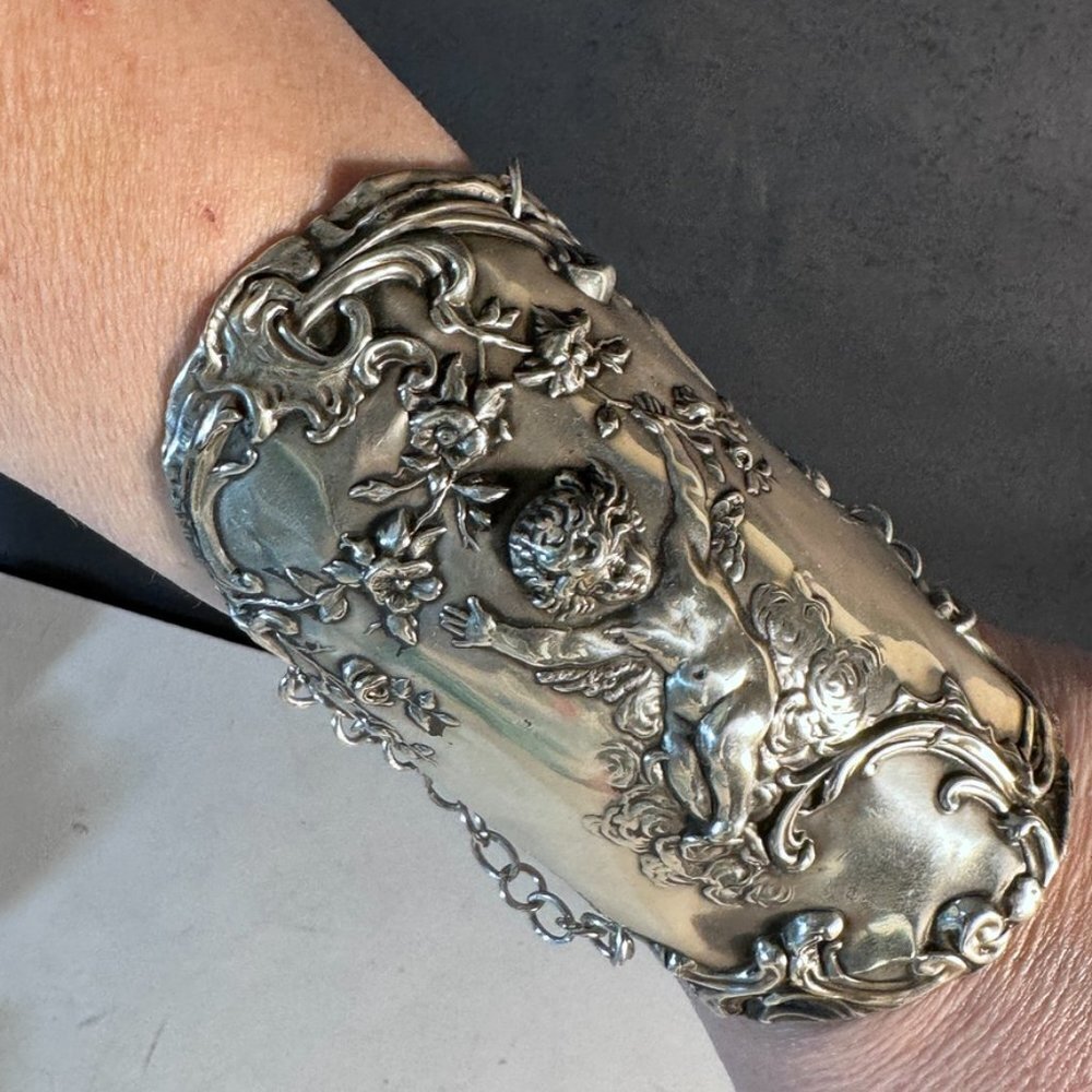 Antique Sterling Silver Cherub Gladiator Cuff Bracelet Victorian Art Nouveau - Picture 14 of 15
